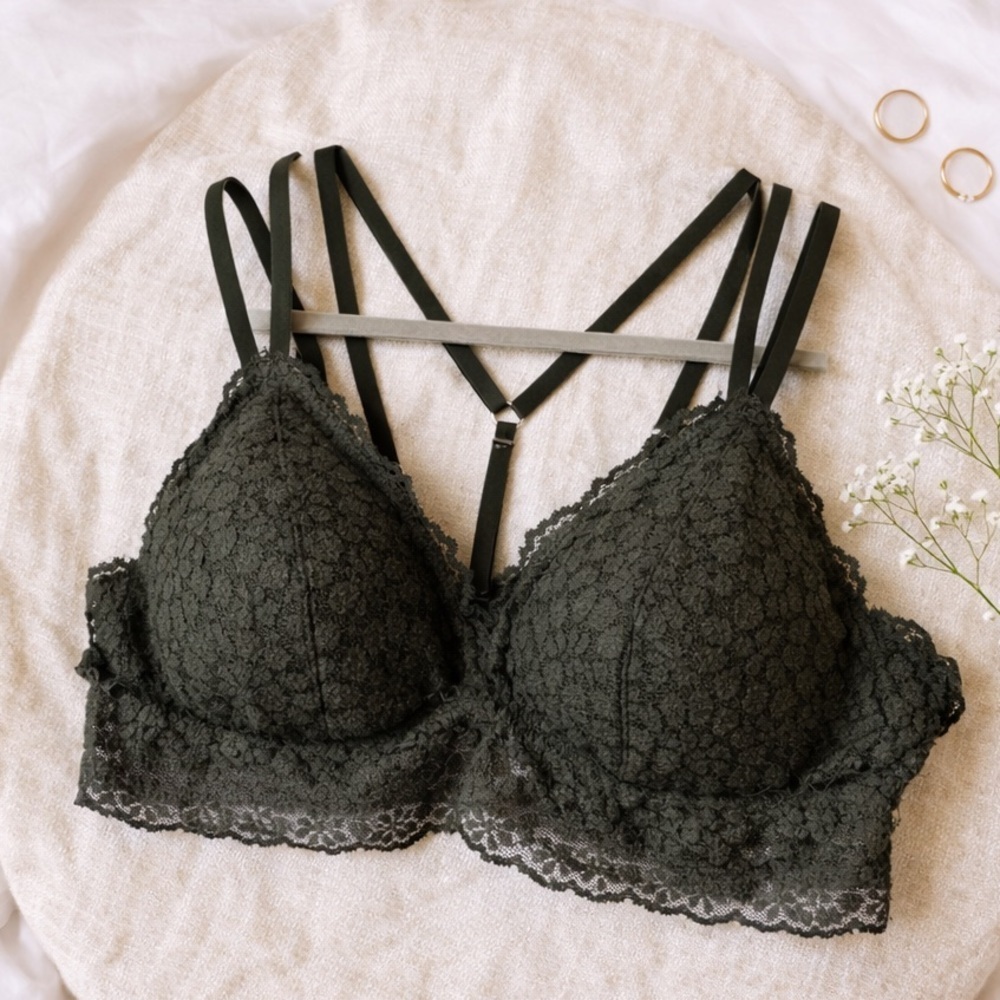 Aerie Olive Green Lace Bralette Strappy Back L Boho Sexy NWT